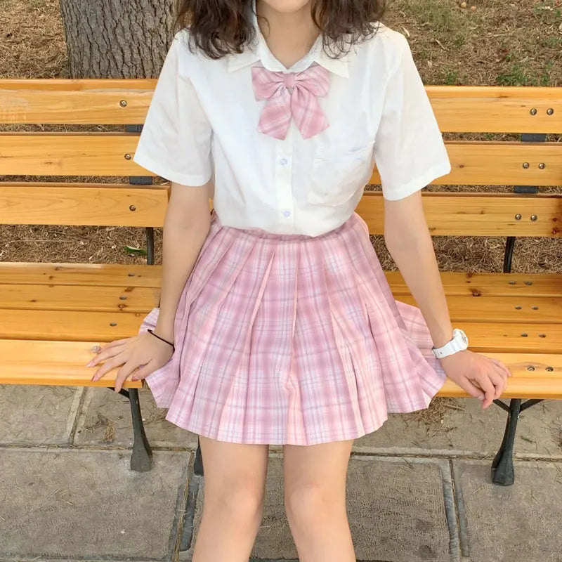 Japanese School Uniform Korean Student JK Seifuku Blouse Pleated Skirt Sailor Full Set Girl Plaid Skirt Pink Uniforms for Woman