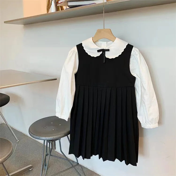 School Uniform Girls Sundress Children White Long Sleeve Blouse+sleeveless Dress 2 Piece Sets Baby Top Skirts Suit Kids Dresses