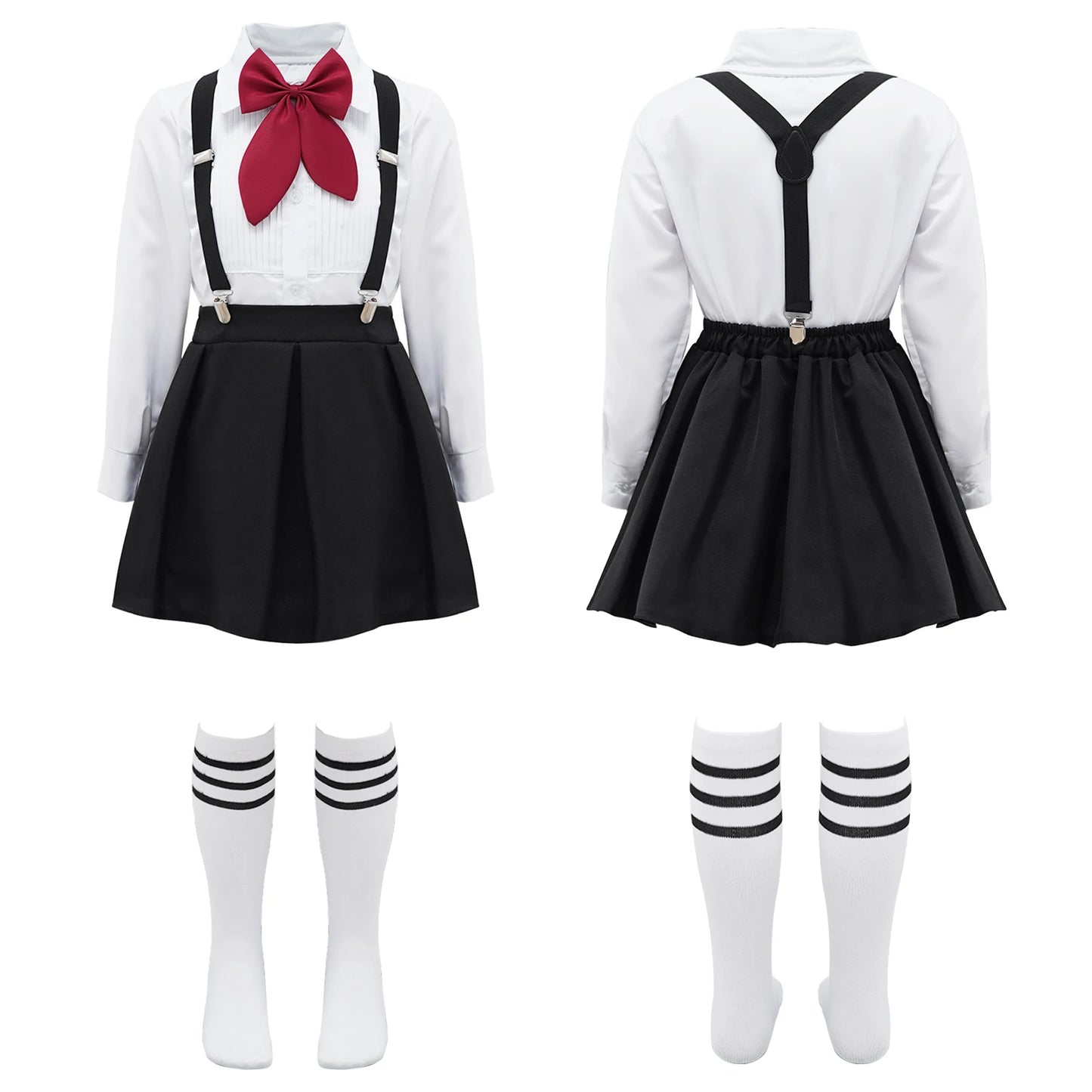 Kids Girls Student School Uniform Shirt Top with Suspenders Skirt Socks Children Choir Stage Performance Suit Schoolgirl Costume