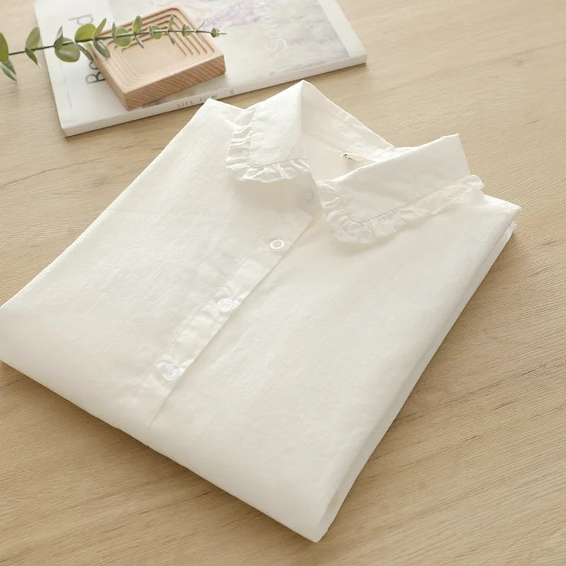 2025 Japanese school uniform kawaii peter pan collar white shirts and blouses 100% cotton long sleeve tops base shirts