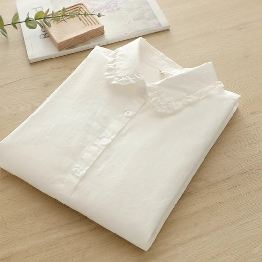 2025 Japanese school uniform kawaii peter pan collar white shirts and blouses 100% cotton long sleeve tops base shirts