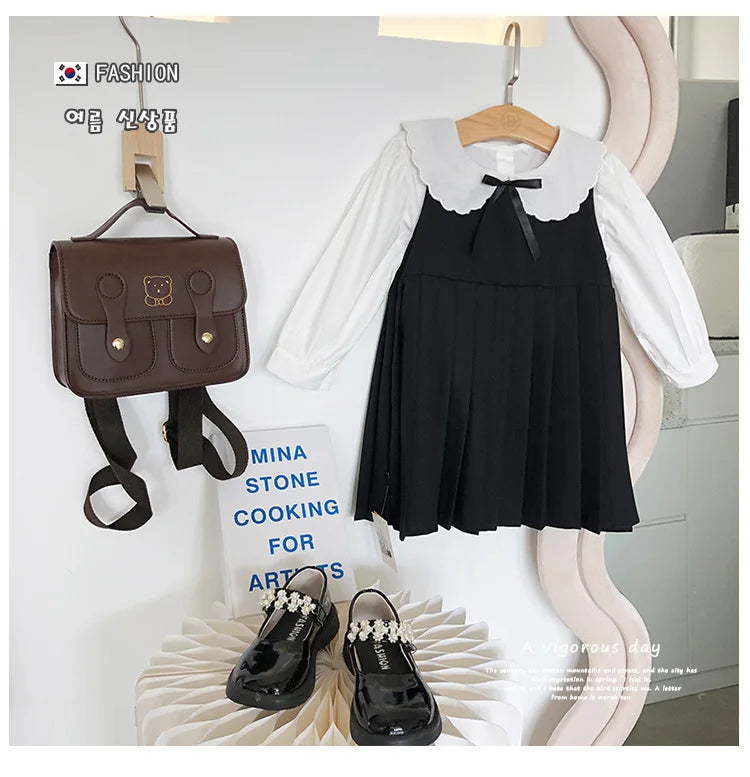 School Uniform Girls Sundress Children White Long Sleeve Blouse+sleeveless Dress 2 Piece Sets Baby Top Skirts Suit Kids Dresses