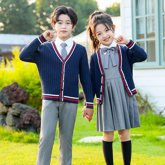 Child School Uniform outfits Navy Sweater cardigan+shirt+pants (dress)+tie 4pcs Boys girls JK clothes Suit Kid Student Class Set