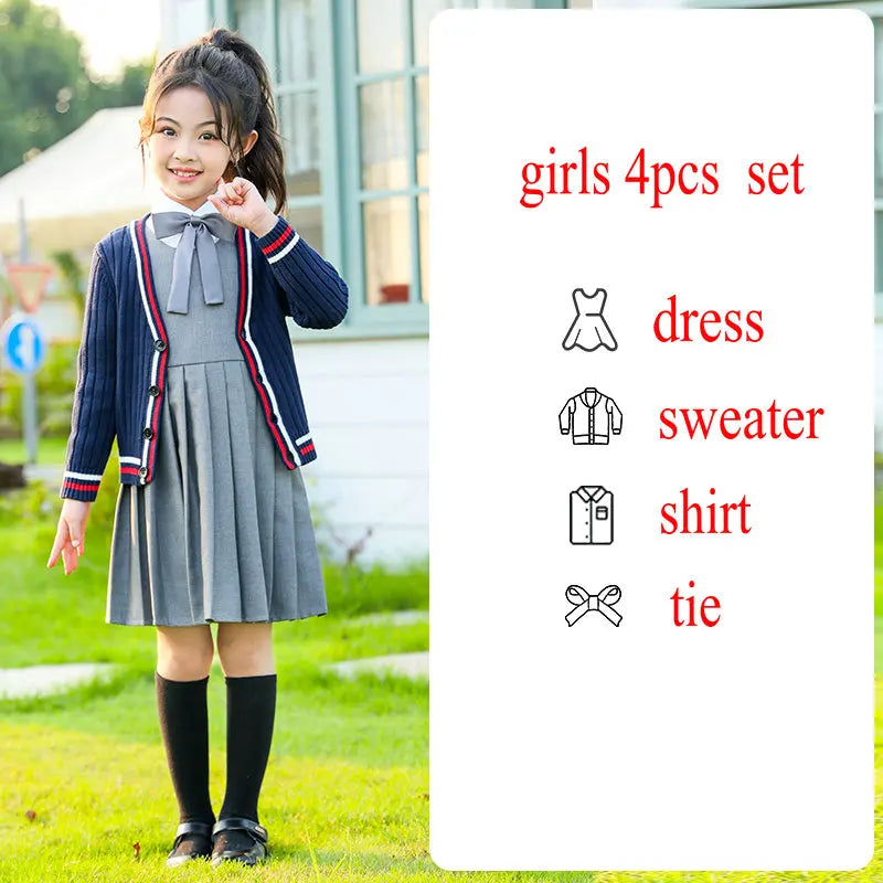 Child School Uniform outfits Navy Sweater cardigan+shirt+pants (dress)+tie 4pcs Boys girls JK clothes Suit Kid Student Class Set