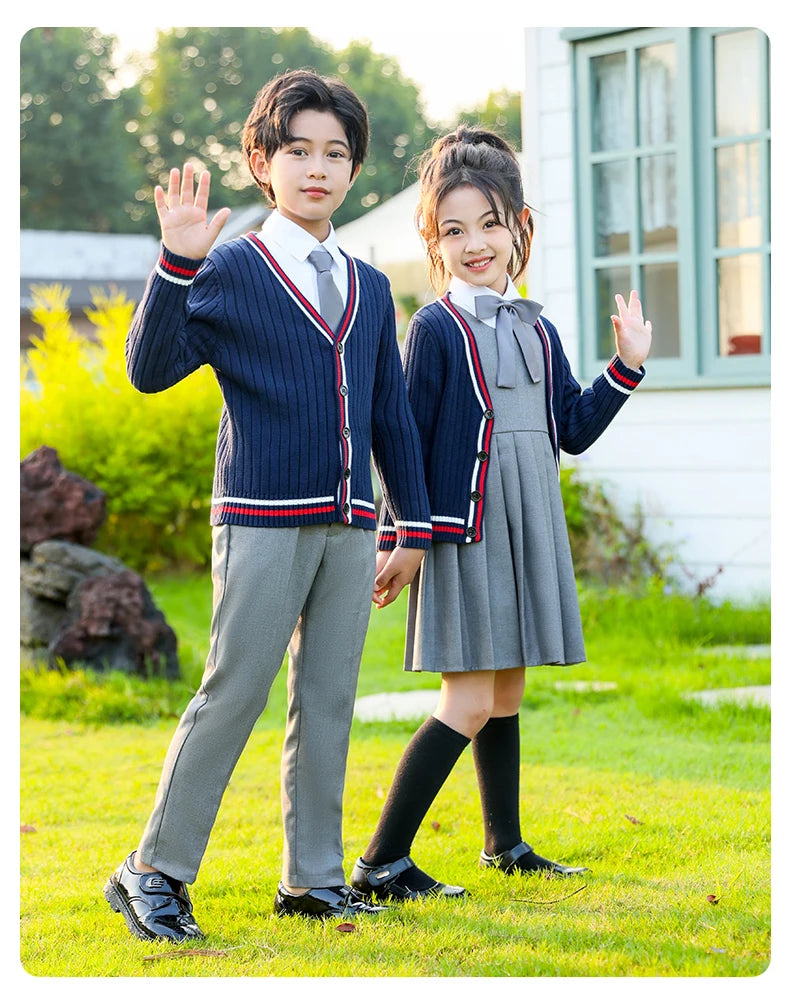 Child School Uniform outfits Navy Sweater cardigan+shirt+pants (dress)+tie 4pcs Boys girls JK clothes Suit Kid Student Class Set