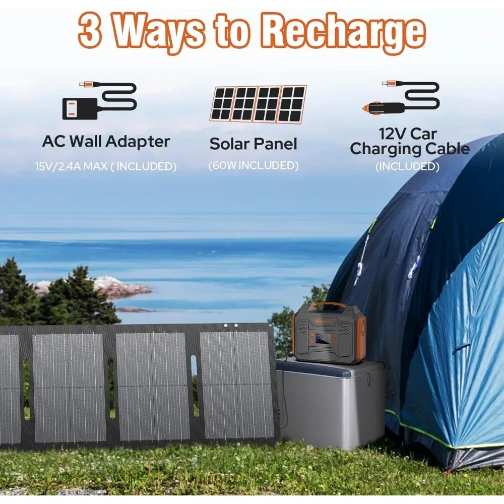 Portable Solar Generator, 300W Portable Power Station with Foldable 60W Solar Panel, for Home Use RV Outdoor Camping Adventure