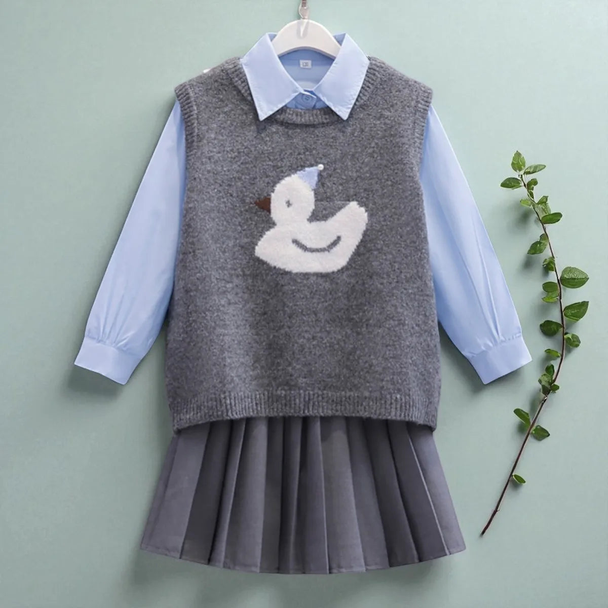 Back to School Uniform Girls Outfits Set Kids Grey Sweater Vest & Shirt & Skirt Tracksuit Teens Kids Suit Costumes 6 8 9 10 12 Y