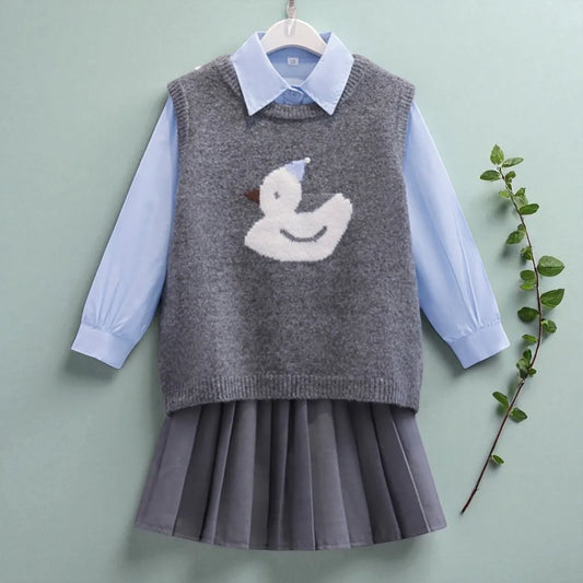 Back to School Uniform Girls Outfits Set Kids Grey Sweater Vest & Shirt & Skirt Tracksuit Teens Kids Suit Costumes 6 8 9 10 12 Y