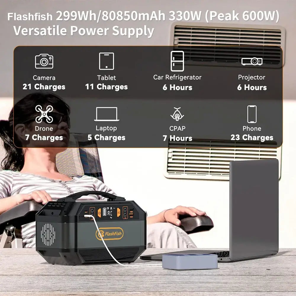 Flashfish Portable Power Station Camping Solar Generator 299Wh 330W AC Outlets Lithium ion Battery Backup Power For Home Outdoor