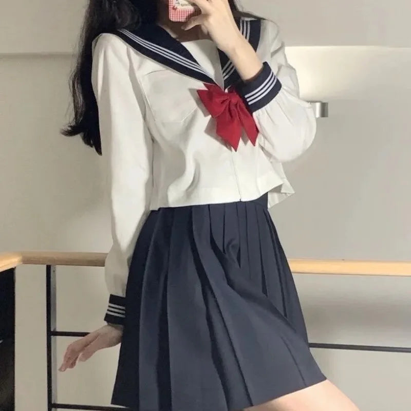 Japanese School Uniform Girl Jk Suit Sexy Spring and Autumn Red Tie White Three Basic Sailor Uniform Women Long Sleeve Suit