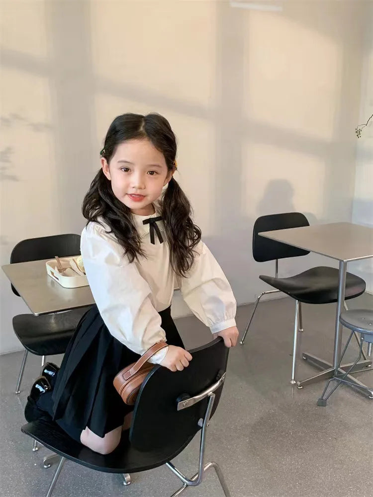 School Uniform Girls Sundress Children White Long Sleeve Blouse+sleeveless Dress 2 Piece Sets Baby Top Skirts Suit Kids Dresses