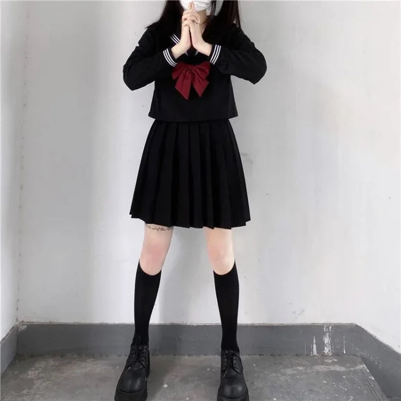 2025 Japanese School Uniform Girls Jk Suit Red Tie Black Oversized Patchwork Basic Sailor Uniform Women Long Sleeve Suit