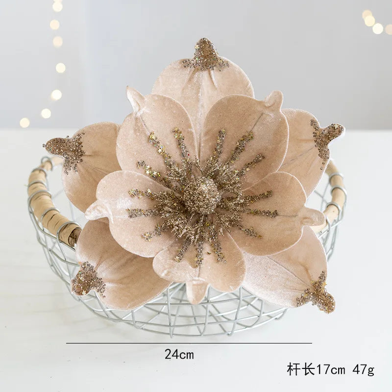 Christmas Tree Poinsettia Flower Cream White Velvet Magnolia Artificial Floral Ornaments for Xmas Decoration Wedding Centerpiece