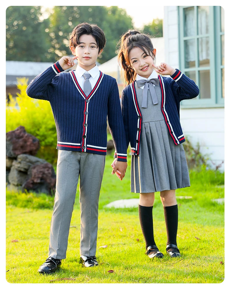 Child School Uniform outfits Navy Sweater cardigan+shirt+pants (dress)+tie 4pcs Boys girls JK clothes Suit Kid Student Class Set