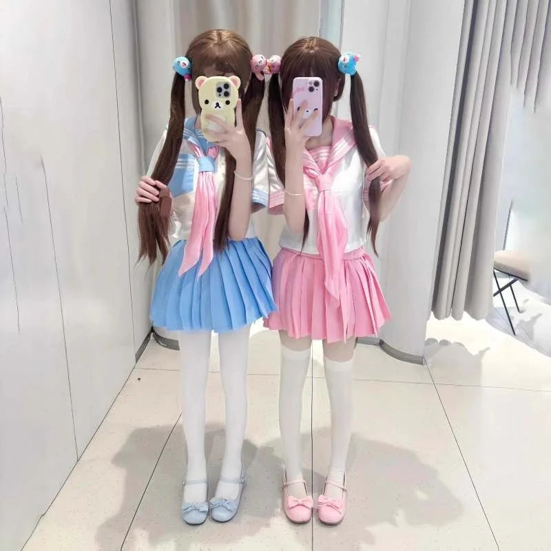 New Japanese School Uniform Girl Jk Suit Sexy Spring and Autumn Navy Pink Tie Cosplay Sailor Uniform Middle School Clothing