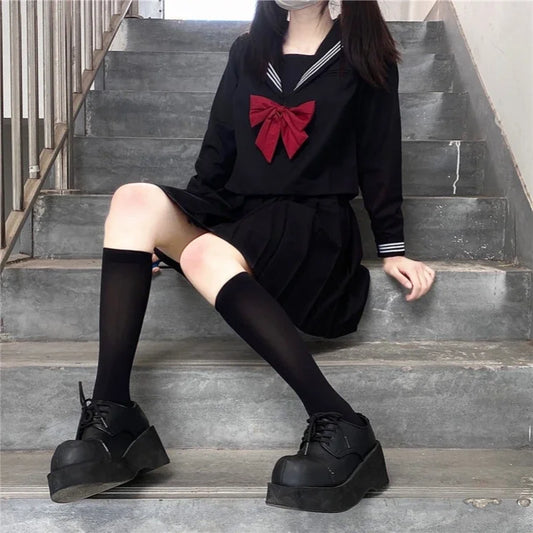2025 Japanese School Uniform Girls Jk Suit Red Tie Black Oversized Patchwork Basic Sailor Uniform Women Long Sleeve Suit