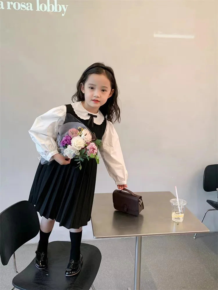 School Uniform Girls Sundress Children White Long Sleeve Blouse+sleeveless Dress 2 Piece Sets Baby Top Skirts Suit Kids Dresses