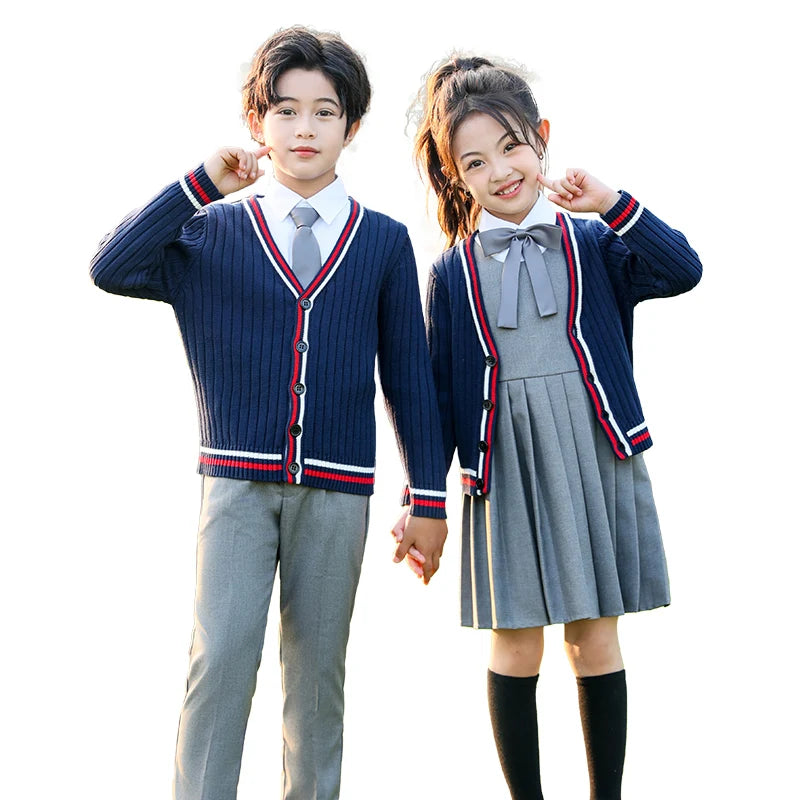 Child School Uniform outfits Navy Sweater cardigan+shirt+pants (dress)+tie 4pcs Boys girls JK clothes Suit Kid Student Class Set