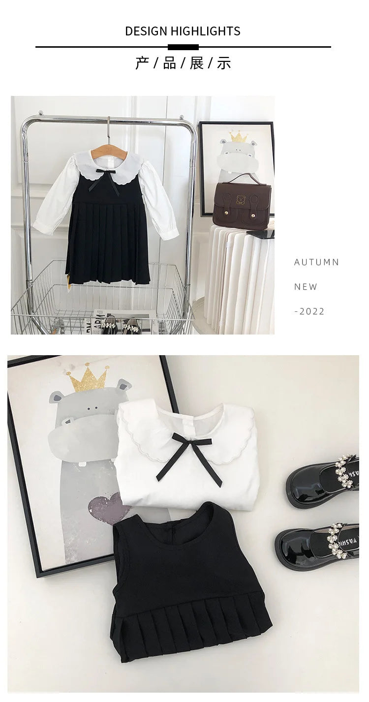 School Uniform Girls Sundress Children White Long Sleeve Blouse+sleeveless Dress 2 Piece Sets Baby Top Skirts Suit Kids Dresses