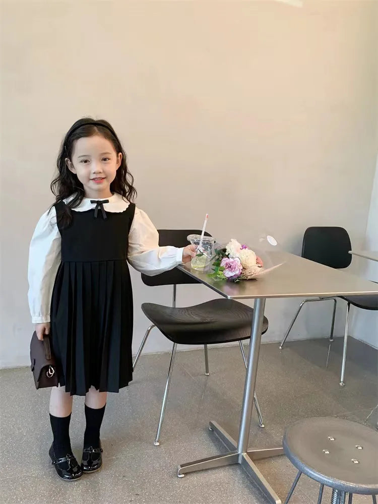 School Uniform Girls Sundress Children White Long Sleeve Blouse+sleeveless Dress 2 Piece Sets Baby Top Skirts Suit Kids Dresses