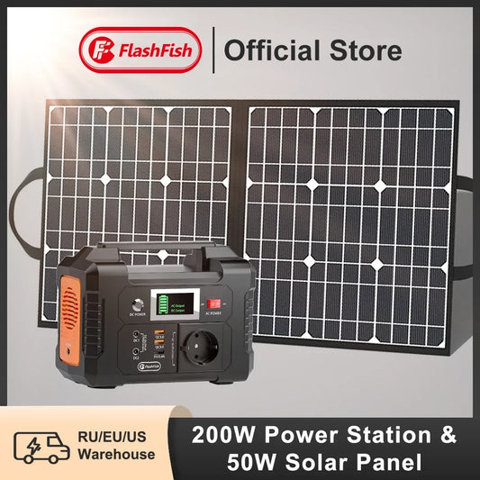 FF Flashfish E200 Portable Power Station 200W 151Wh Solar Generator with Solar Panel 50W Battery Cell Complete Kit Set Series