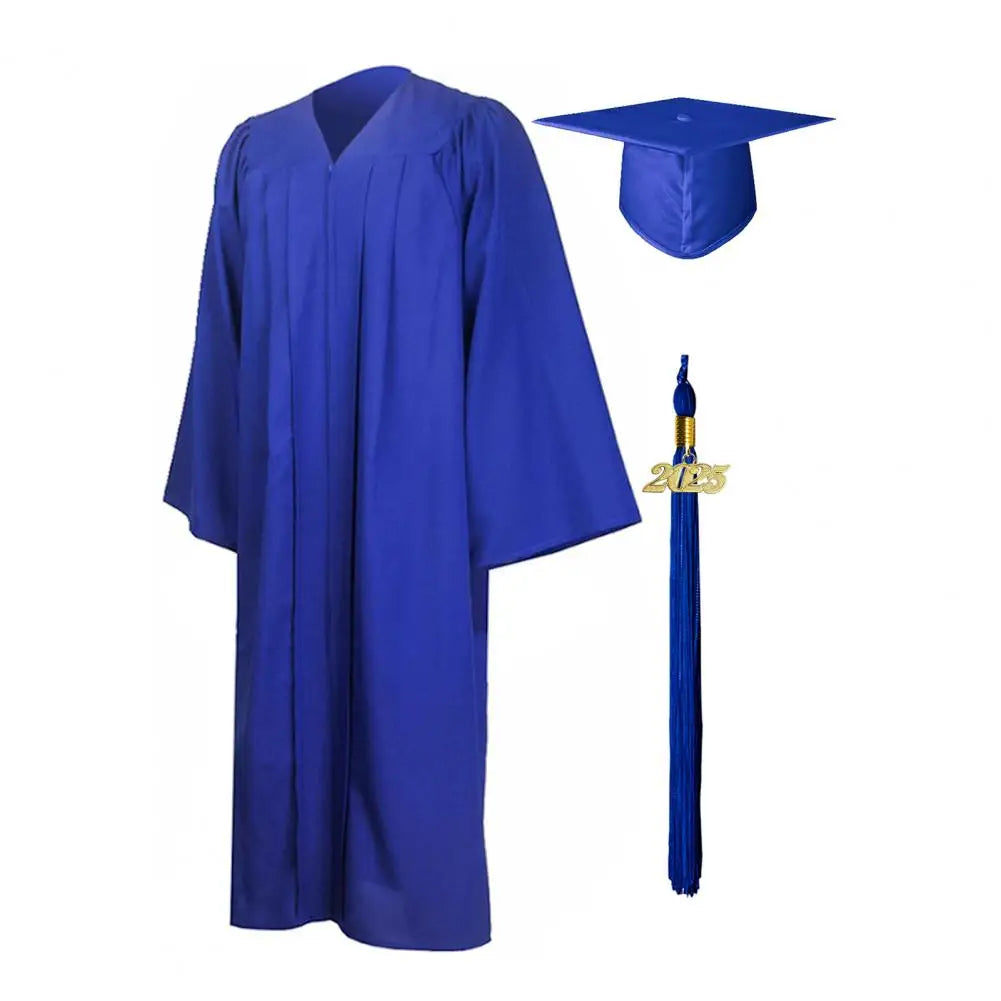 Bachelor Uniform with Hat V Neck Knee Length Long Sleeve Hidden Button Student Graduation Robe Doctor Master Graduation Clothes
