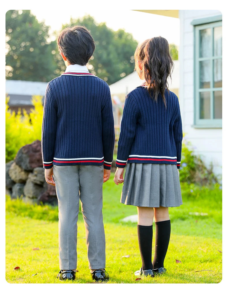 Child School Uniform outfits Navy Sweater cardigan+shirt+pants (dress)+tie 4pcs Boys girls JK clothes Suit Kid Student Class Set