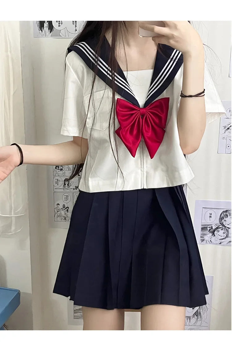 2025 new Japanese school uniform girls plus size Jk suit Spring red tie white three basic sailor uniform women's long skirt suit
