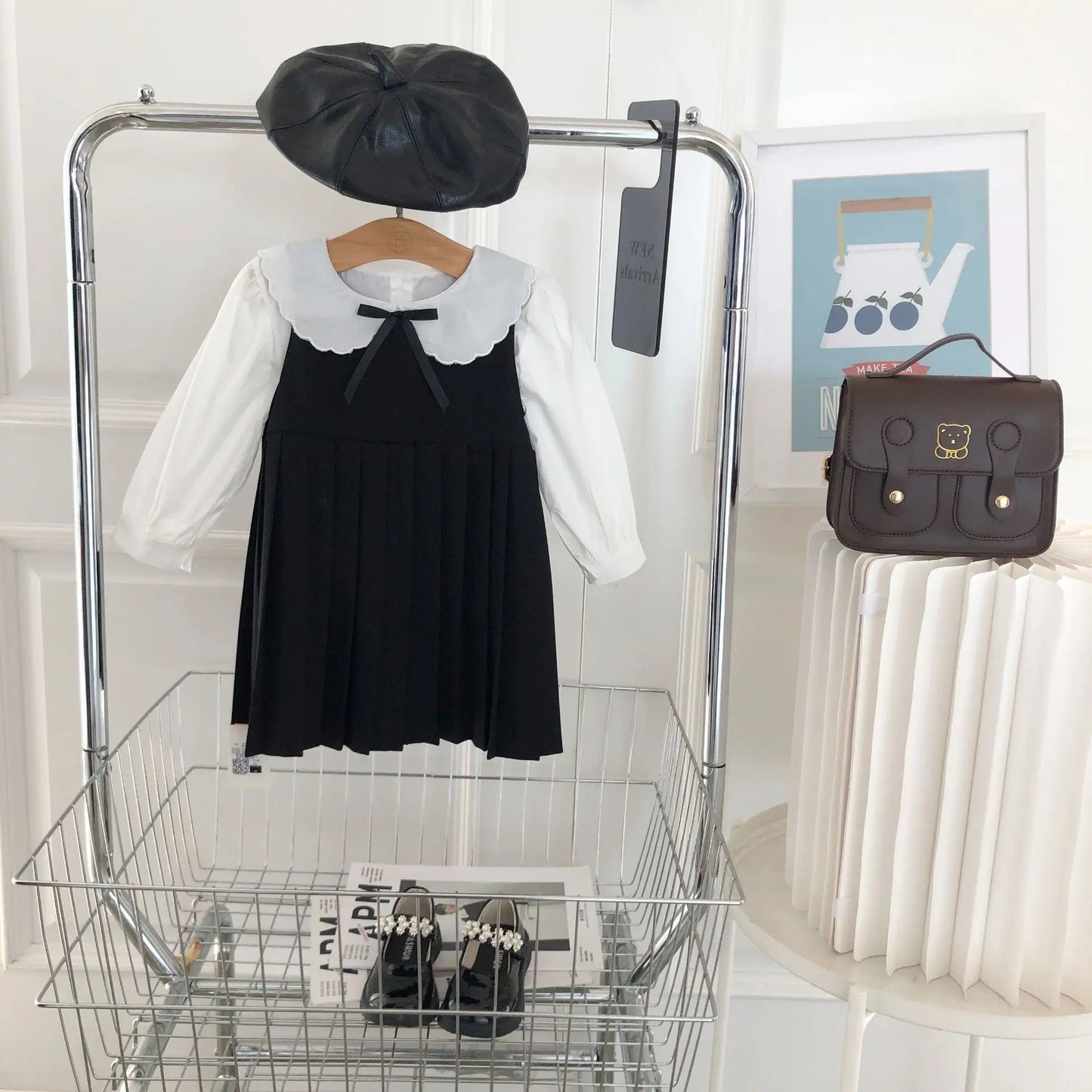 School Uniform Girls Sundress Children White Long Sleeve Blouse+sleeveless Dress 2 Piece Sets Baby Top Skirts Suit Kids Dresses