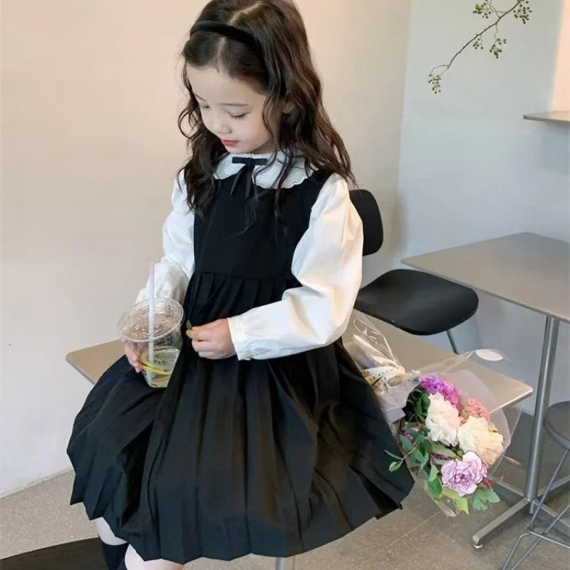 School Uniform Girls Sundress Children White Long Sleeve Blouse+sleeveless Dress 2 Piece Sets Baby Top Skirts Suit Kids Dresses