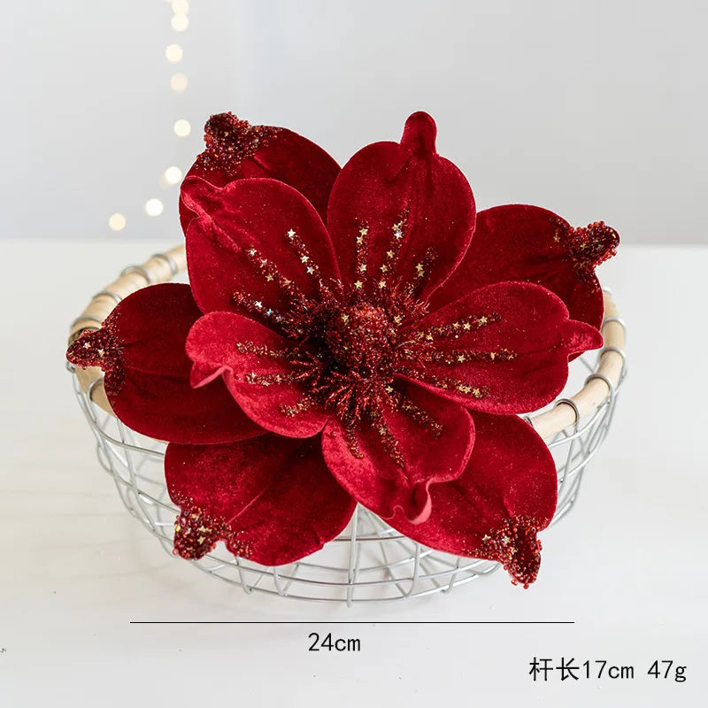 Christmas Tree Poinsettia Flower Cream White Velvet Magnolia Artificial Floral Ornaments for Xmas Decoration Wedding Centerpiece