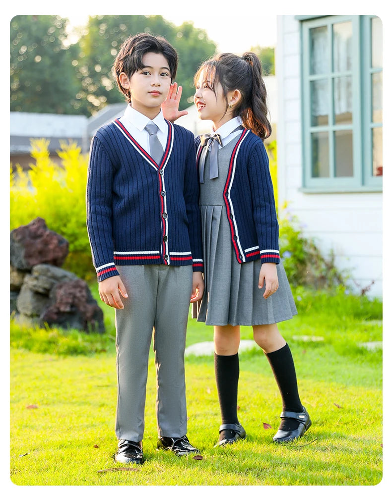 Child School Uniform outfits Navy Sweater cardigan+shirt+pants (dress)+tie 4pcs Boys girls JK clothes Suit Kid Student Class Set