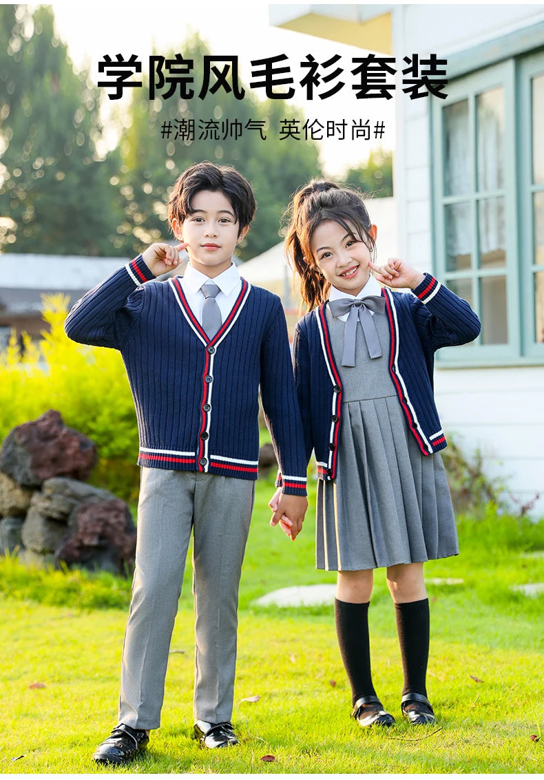 Child School Uniform outfits Navy Sweater cardigan+shirt+pants (dress)+tie 4pcs Boys girls JK clothes Suit Kid Student Class Set