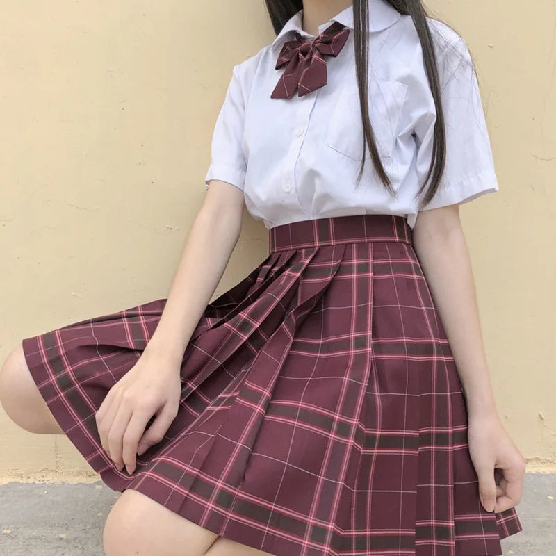 Japanese School Uniform Korean Student JK Seifuku Blouse Pleated Skirt Sailor Full Set Girl Plaid Skirt Pink Uniforms for Woman
