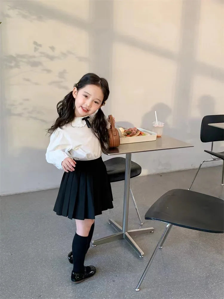School Uniform Girls Sundress Children White Long Sleeve Blouse+sleeveless Dress 2 Piece Sets Baby Top Skirts Suit Kids Dresses