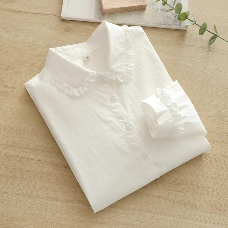2025 Japanese school uniform kawaii peter pan collar white shirts and blouses 100% cotton long sleeve tops base shirts