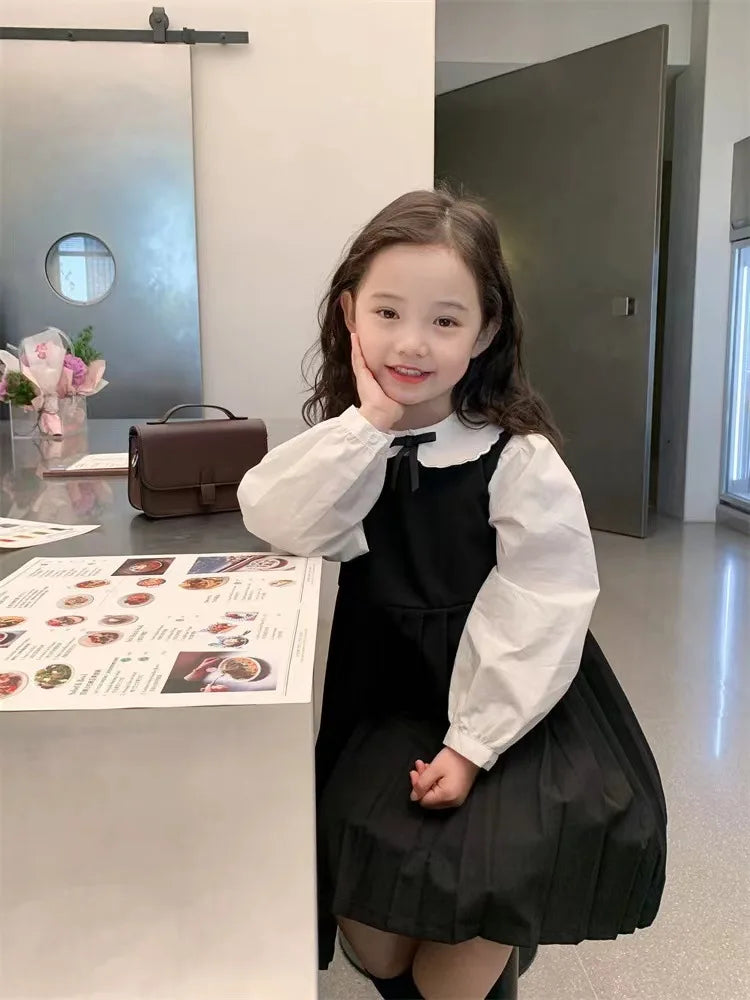 School Uniform Girls Sundress Children White Long Sleeve Blouse+sleeveless Dress 2 Piece Sets Baby Top Skirts Suit Kids Dresses