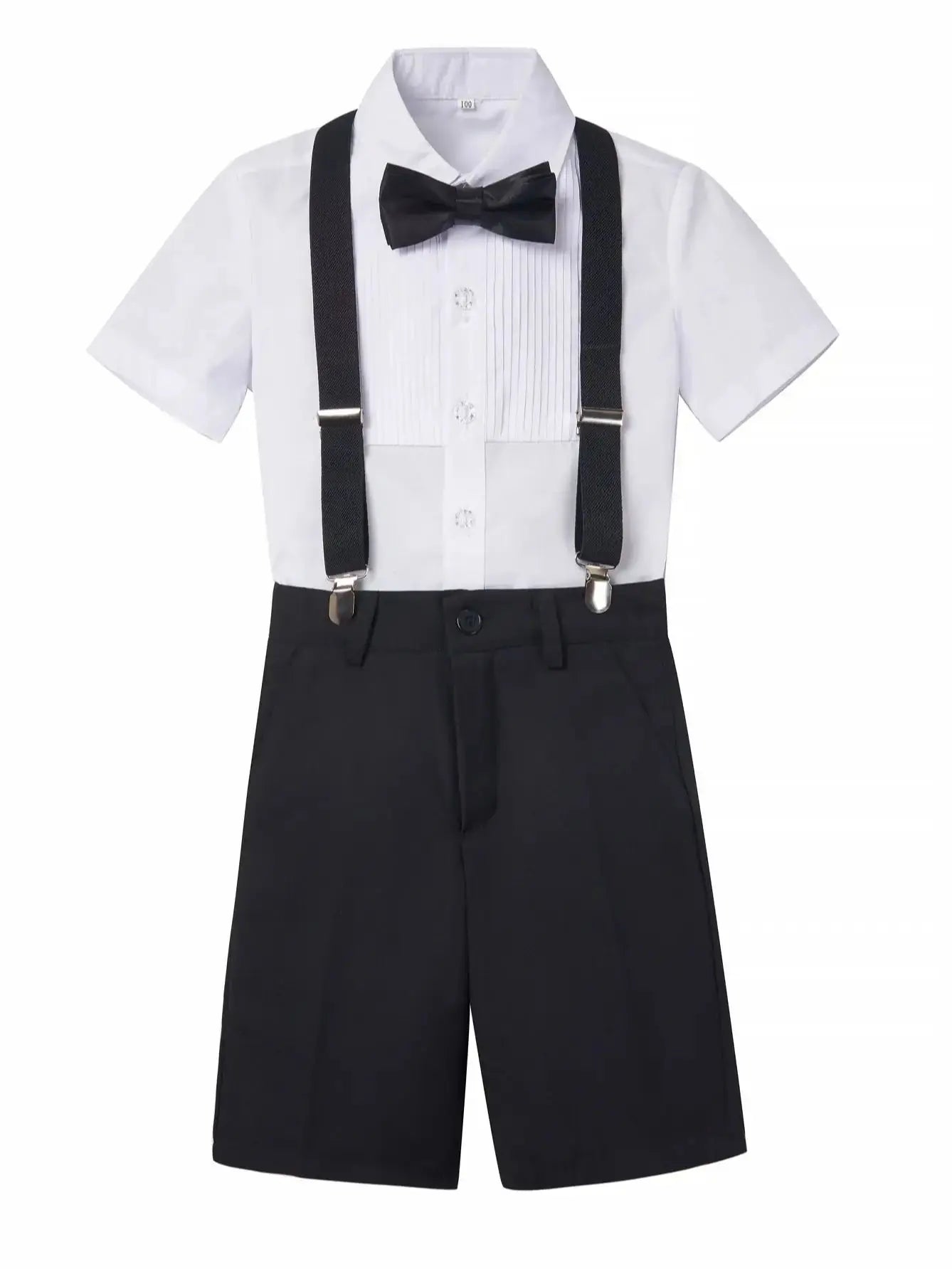 4pcs/set Boys' short Suit Set With short  Shirt , short Pants  Tie And Straps School Uniforms