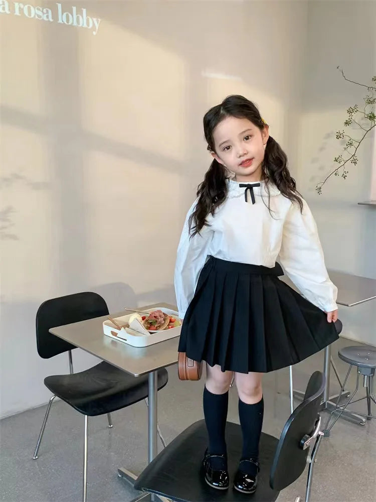School Uniform Girls Sundress Children White Long Sleeve Blouse+sleeveless Dress 2 Piece Sets Baby Top Skirts Suit Kids Dresses