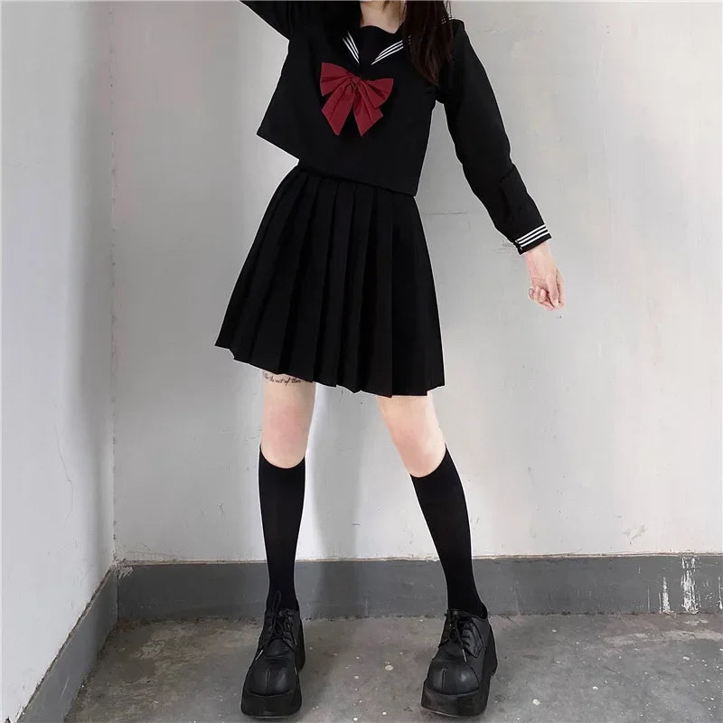 2025 Japanese School Uniform Girls Jk Suit Red Tie Black Oversized Patchwork Basic Sailor Uniform Women Long Sleeve Suit