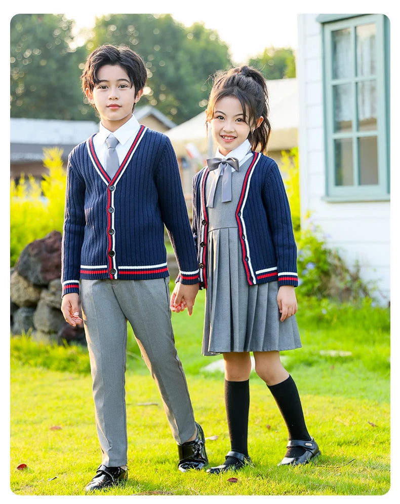 Child School Uniform outfits Navy Sweater cardigan+shirt+pants (dress)+tie 4pcs Boys girls JK clothes Suit Kid Student Class Set