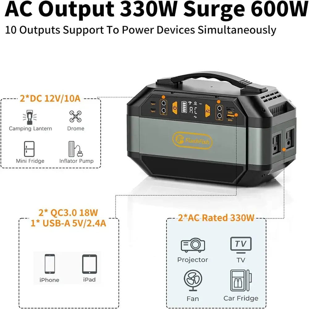 Flashfish Portable Power Station Camping Solar Generator 299Wh 330W AC Outlets Lithium ion Battery Backup Power For Home Outdoor