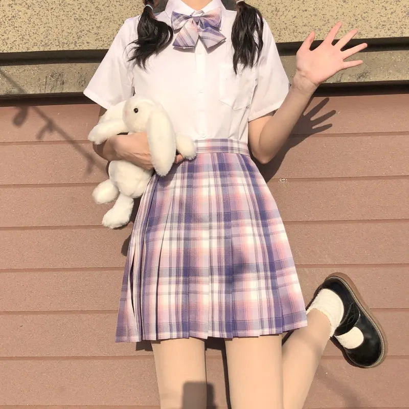 Japanese School Uniform Korean Student JK Seifuku Blouse Pleated Skirt Sailor Full Set Girl Plaid Skirt Pink Uniforms for Woman