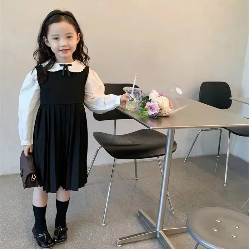 School Uniform Girls Sundress Children White Long Sleeve Blouse+sleeveless Dress 2 Piece Sets Baby Top Skirts Suit Kids Dresses