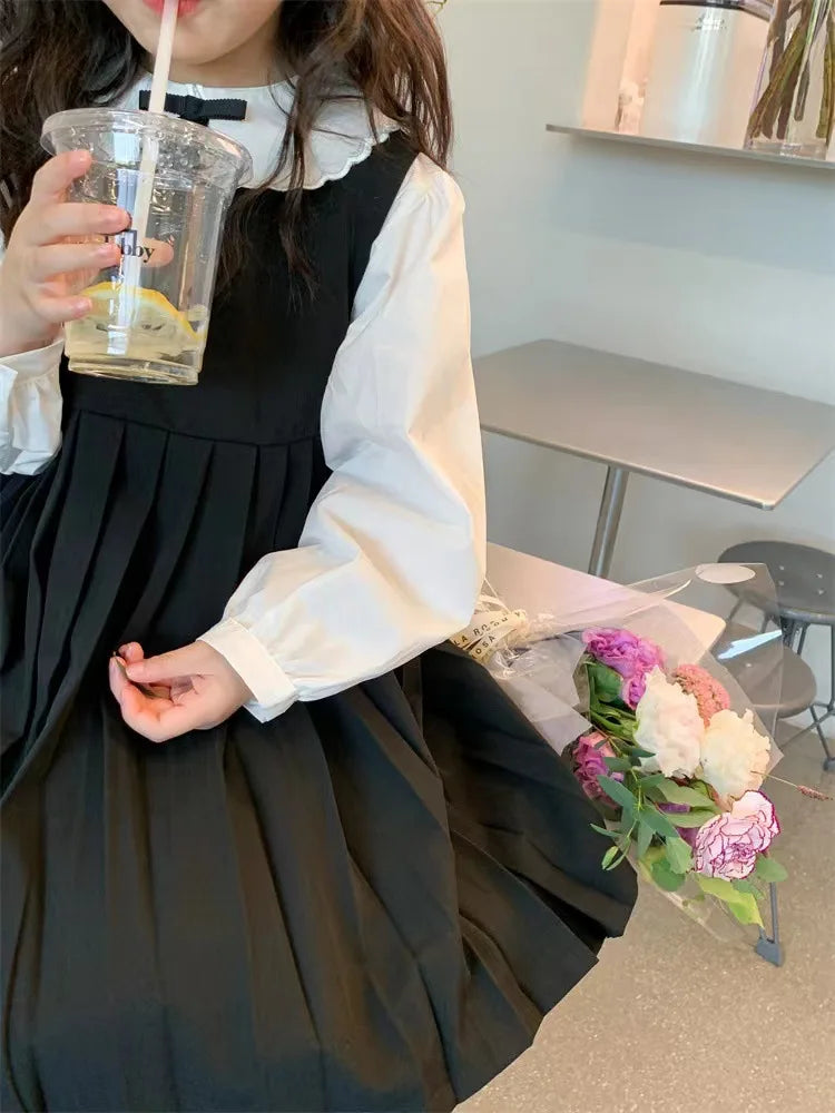School Uniform Girls Sundress Children White Long Sleeve Blouse+sleeveless Dress 2 Piece Sets Baby Top Skirts Suit Kids Dresses
