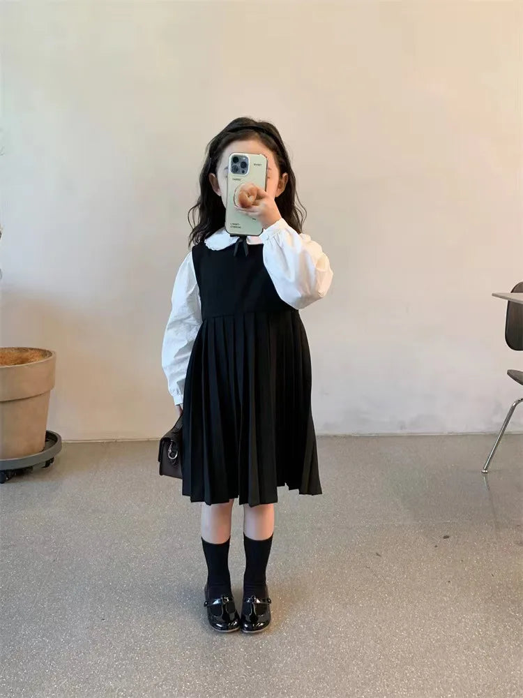 School Uniform Girls Sundress Children White Long Sleeve Blouse+sleeveless Dress 2 Piece Sets Baby Top Skirts Suit Kids Dresses