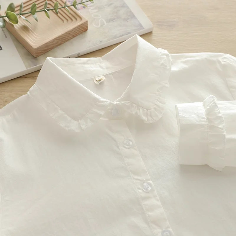 2025 Japanese school uniform kawaii peter pan collar white shirts and blouses 100% cotton long sleeve tops base shirts