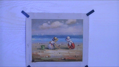 Classic "Two Kids on Beach," Oil Painting 11.75x15.5 Inches unframed