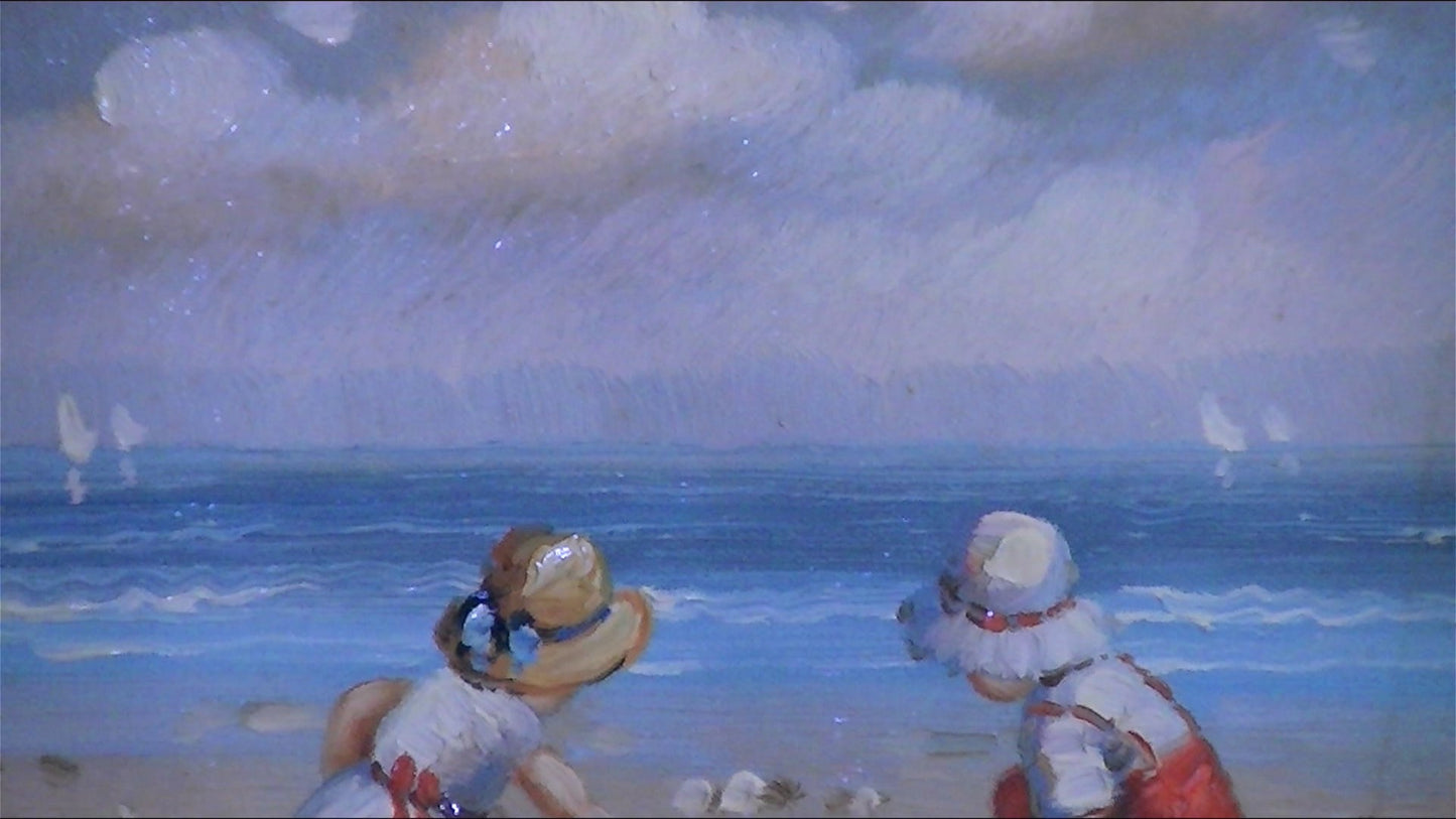Classic "Two Kids on Beach," Oil Painting 11.75x15.5 Inches unframed