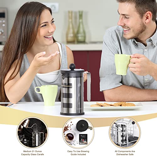 French Press Cafetiere 4 Cups, Stainless Steel Body Shell Coffee Maker- Heat Resistant - Stainless Steel Filter Coffee Press For Coffee Lover, Silver, 350 Ml & 600ml - MediaEclat.store